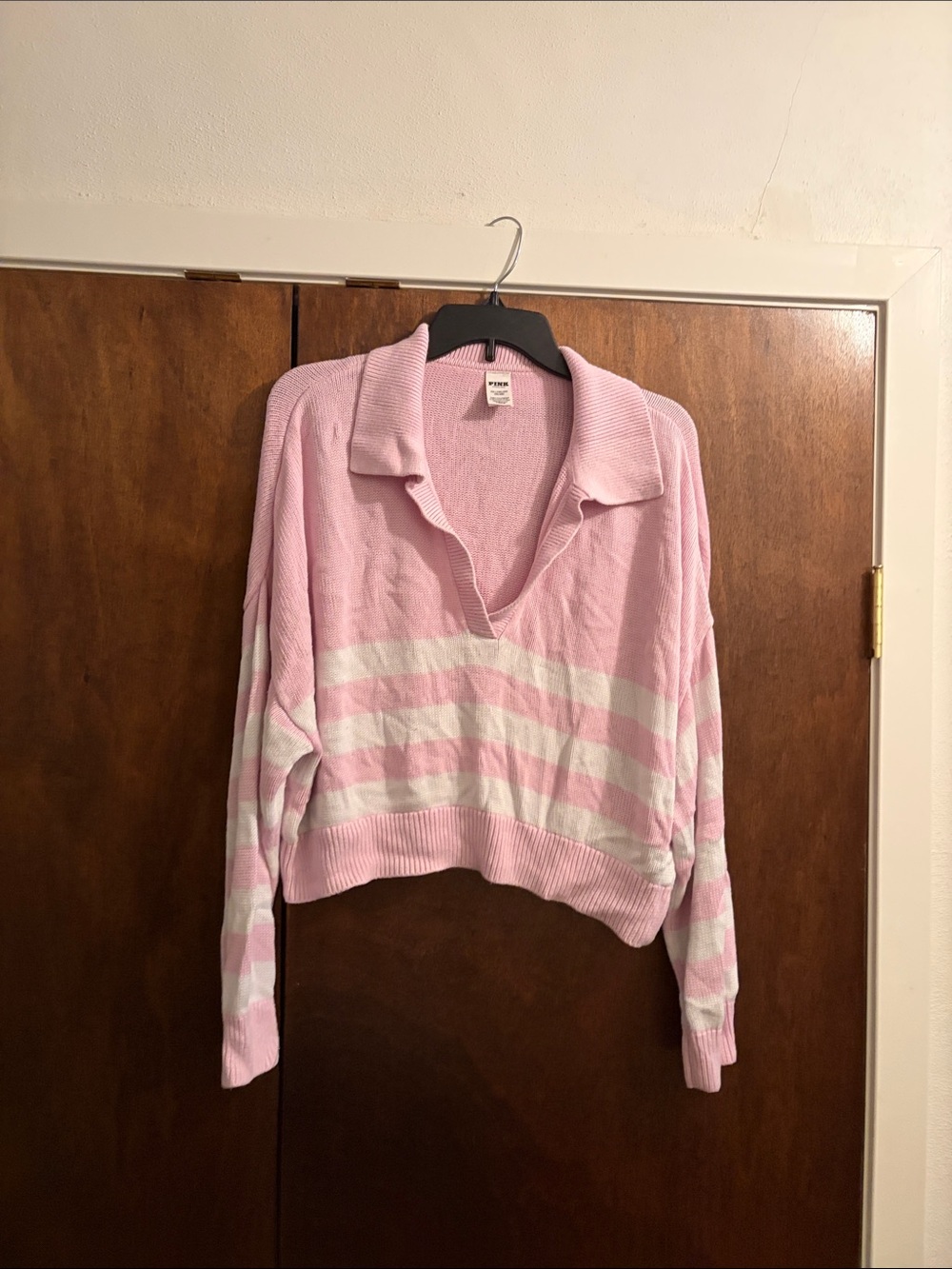 PINK Victoria's Secret Light Pink and White Striped V-Neck Sweater